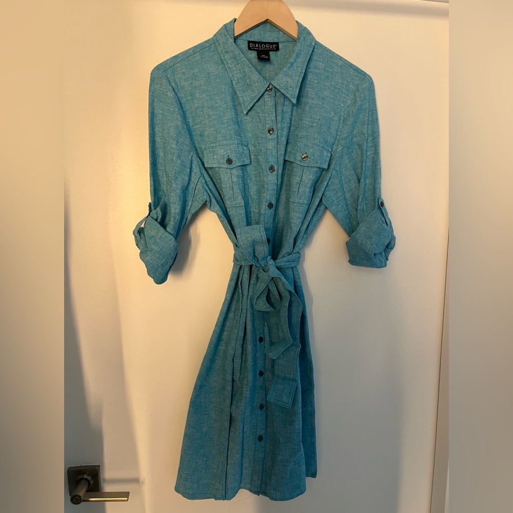 Dialogue Teal Button-Front Shirt Dress with Tie Waist size M
